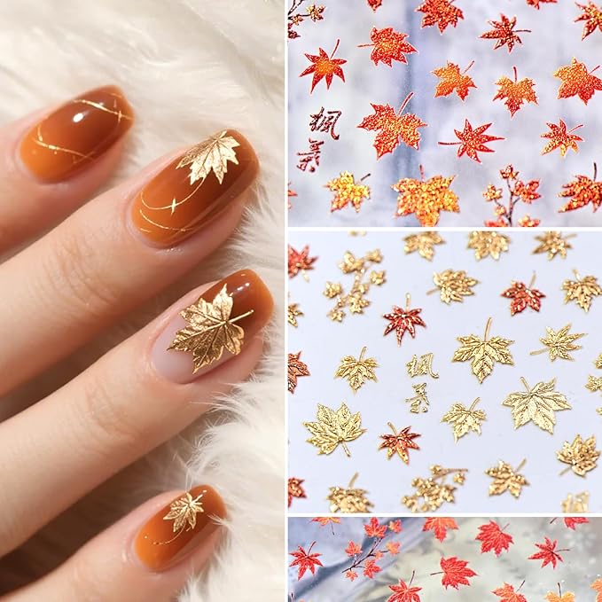 1Sheet 5D Embossed Thanksgiving Nail Art Stickers Self Adhesive Bronzing Fall Maple Leaves Design Nails Decals for Acrylic Nails Fiery Red Maple Leaf Nail Sticker for Women Autumn Nails Decor Supplies