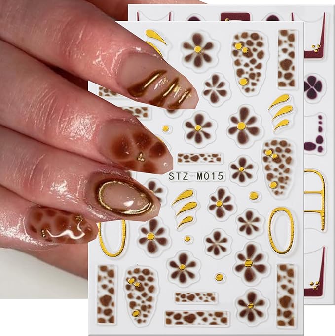 2 Pcs Leopard Print Nail Stickers Fall Decals for Nial Art French Nail Art Design 5D Embossed Brown Flower Nail Supplies Golden Circle Nail Art Accessories for Women Autumn DIY Manicure Decoration