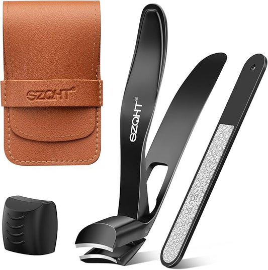 Toenail Clippers for Seniors Thick Toenails, Upgrade Angled Head Large Toe Nail Clippers for Men with Wide Jaw Opening, Sharp Heavy Duty Fingernail Clipper Cutter with Catcher Long Handle -Black