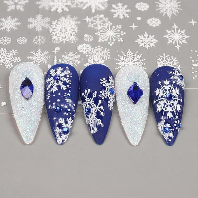 10Sheets Christmas Snowflake Nail Art Stickers White Snowflake Winter Nail Decals 3D Self Adhesive Xmas Nail Art Decorations Supplies Deer HOHO French Stripe Design Manicure Stickers for Women Girls