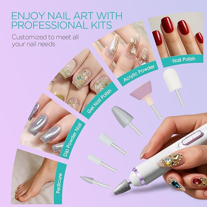 Electric Nail Drill, Cordless Nail File Machine Kit 2 Directions & Speeds for Acrylic, Gel Nails, Rechargeable with LED & 6 Nail Drill Bits for Professional Manicure and Pedicure, Purple ND310