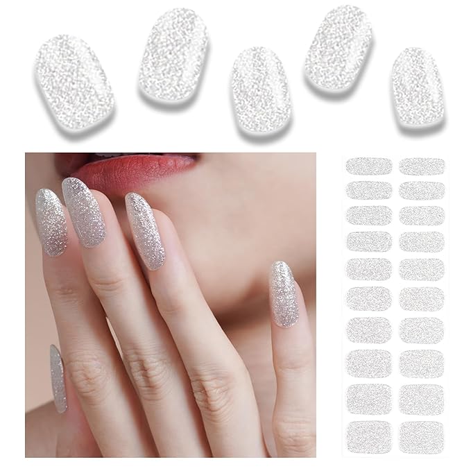 Semi Cured Gel Nail Strips, 20pcs Real Nail Polish Art Stickers, Silver Glitter Gel Nail Stickers - Work with Any UV Lamp, Long Lasting Full Wraps with Nails File and Stick