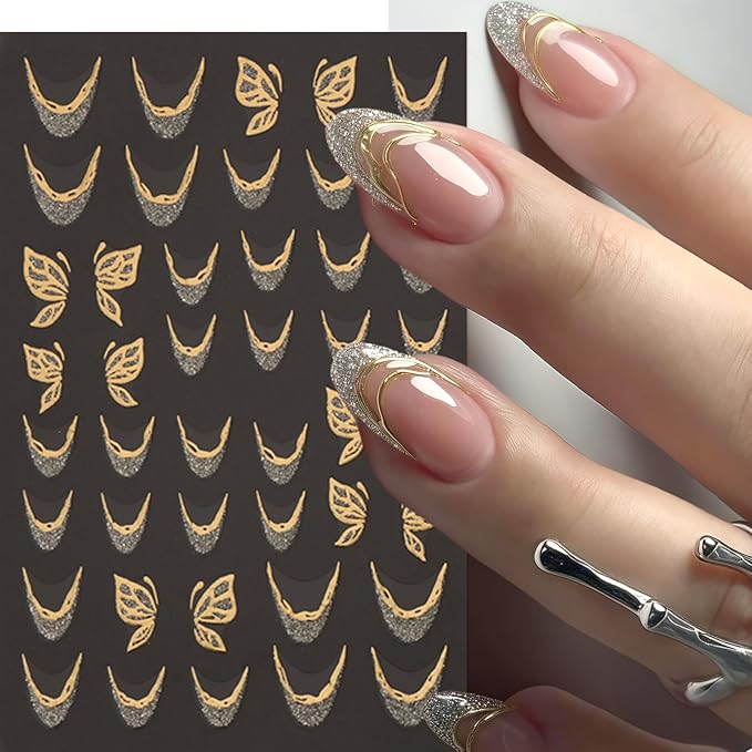 8 Sheets Fall Nail Art Stickers Maple Leaf Nail Decals 3D Self-Adhesive Glitter Gold Flower French Butterfly Nail Design Nail Supplies Thanksgiving Holiday Nail Art Decoration for Women Manicure Tips