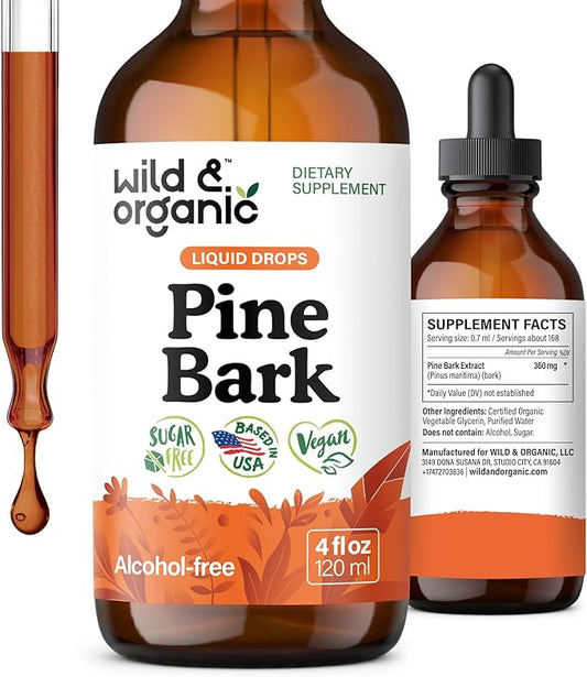 Wild & Organic Pine Bark Drops - Antioxidant Support - French Maritime Pine Bark Extract Tincture - 5-Month Supply - Pinus Pinaster Supplement - Vegan, Sugar & Alcohol-Free - 4 fl oz