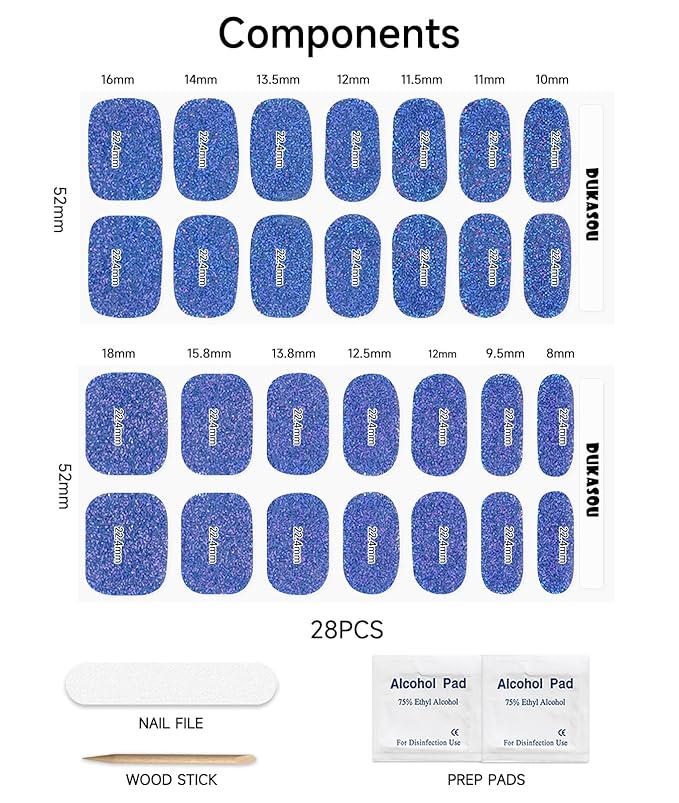 Semi Cured Gel Nail Strips (Glitter Deep Sea Blue), 28 pcs UV Gel Nail Stickers for Women Work with Any UV Lamps, Salon Quality Nails Wraps for Home DIY Nails Art