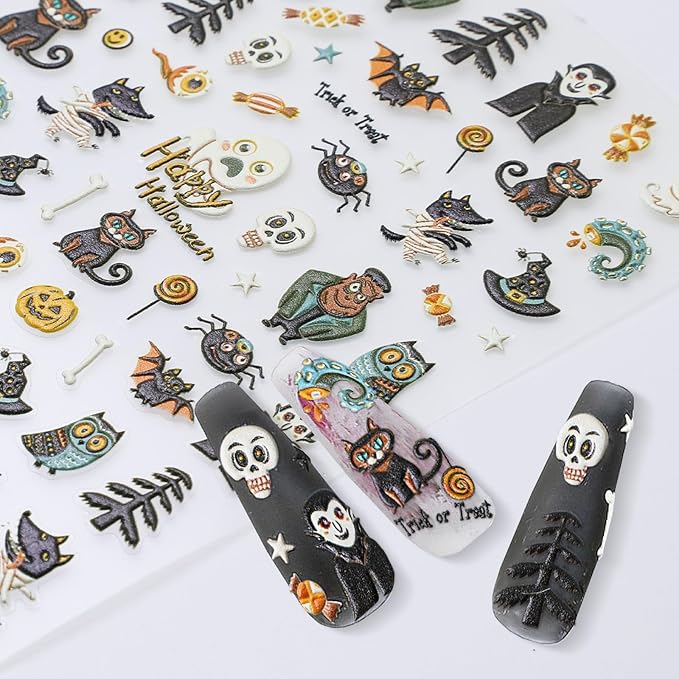 Halloween Nail Stickers for Nail Art Halloween Theme 5D Embossed Nail Decals Self-Adhesive Nails Supply Manicure Stickers for Nails Decoration
