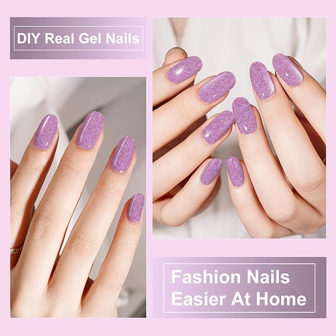 Semi Cured Gel Nail Strips,28 pcs Nail Art Stickers (Shiny Pink),Gel Stickers for Nails UV Light, Nail Polish Strips Includes Prep Pads, Nail File & Wood Stick