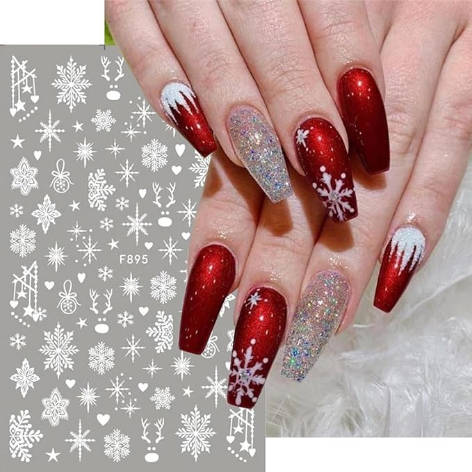 10Sheets Christmas Snowflake Nail Art Stickers White Snowflake Winter Nail Decals 3D Self Adhesive Xmas Nail Art Decorations Supplies Deer HOHO French Stripe Design Manicure Stickers for Women Girls