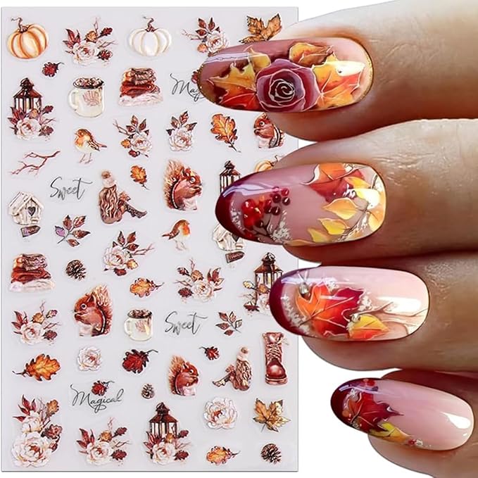 Fall Nail Stickers 3D Maple Leaves Nail Decals DIY Self Adhesive Tree Leaf Autumn Letter Nail Design Sticker Squirrel Animal Nail Decoration Supplies Holiday Manicure Accessories for Women Girls 4Pcs