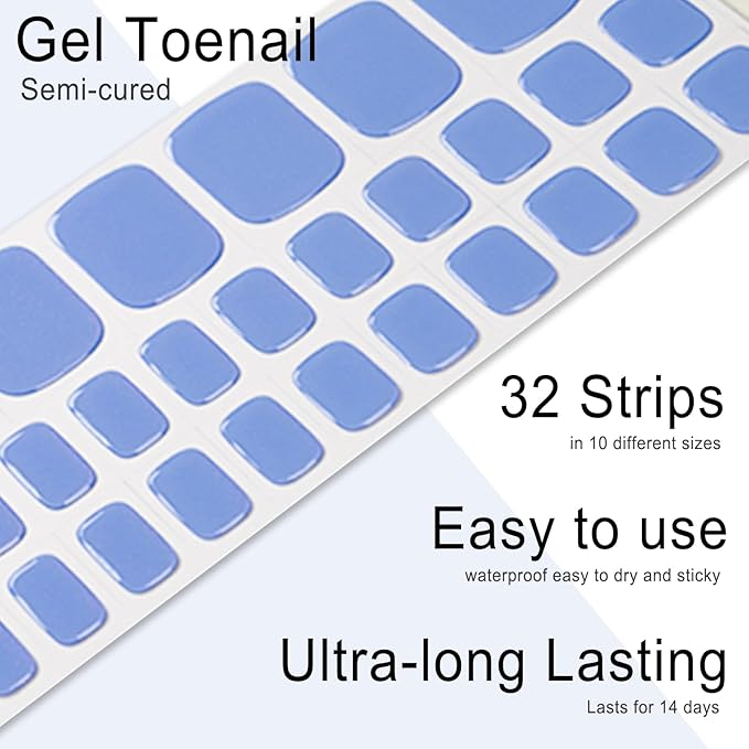 Semi Cured Gel Toenail Strips, 32 Mysterious Blue Gel Toenail Stickers - Works with Any UV Lamps Pedicure Strips Full Nail Wraps with Nail File & Wood Stick