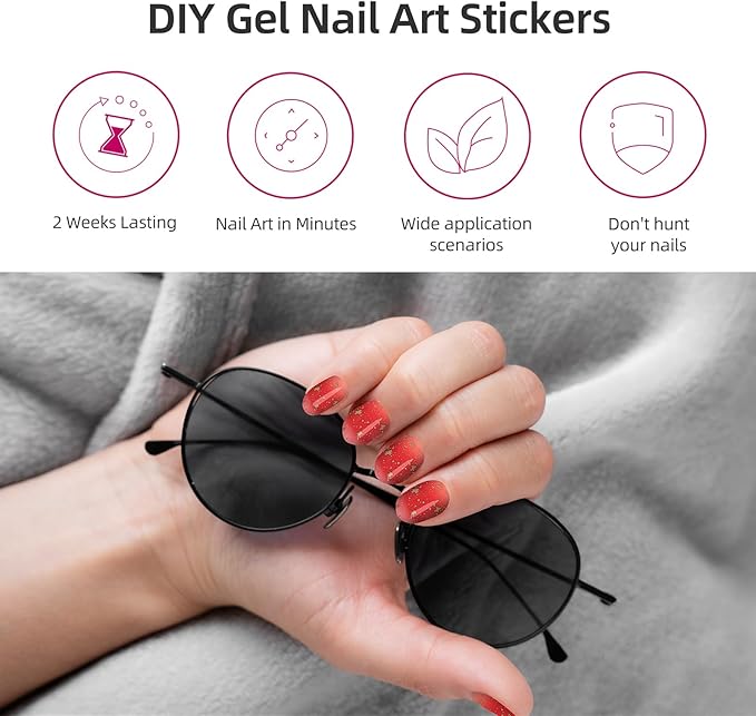 Semi Cured Gel Nail Strips, 28 pcs Gel Nails Stickers for Women Work with Any UV Lamp, Long Lasting Nail Wraps for Home DIY Nails (Gold Shard)