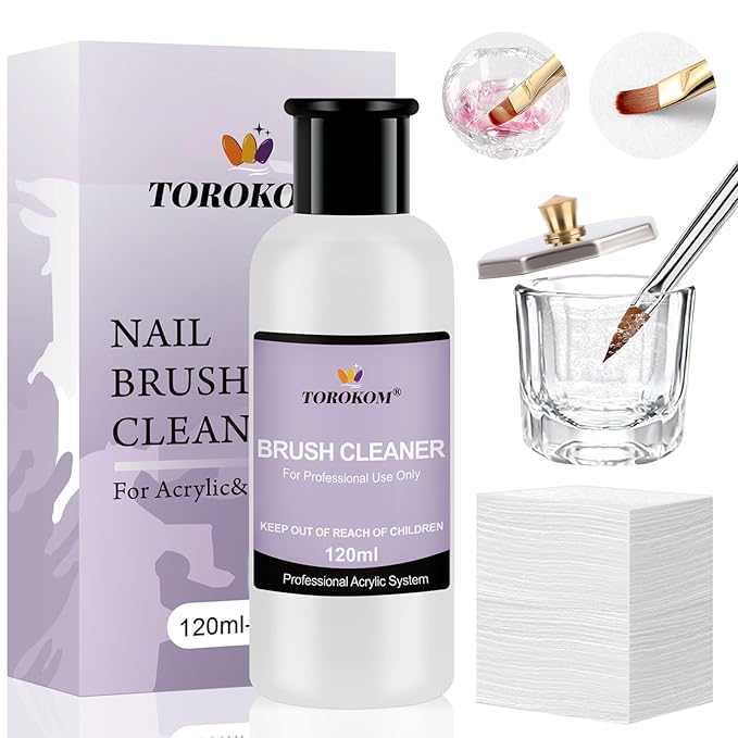 TOROKOM Acrylic Nail Brush Cleaner, 4 OZ Acrylic Brush Cleaner Nail Brush Cleaner Conditioner with Dappen Dish and Nail Cleaning Pads for Quickly Clean Gel Polish, Nail Extension Gel, Acrylic Nails
