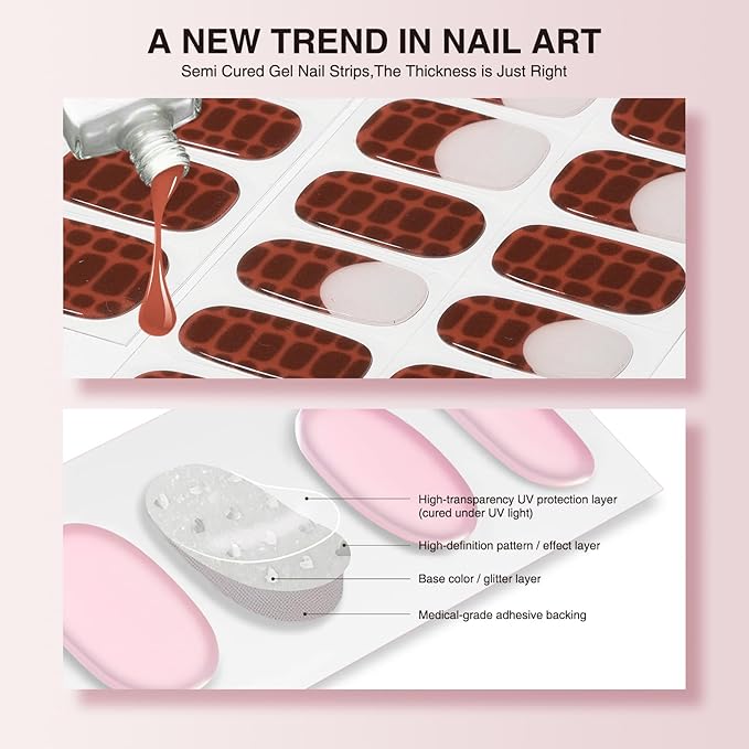 Semi Cured Gel Nail Strips - 30PCS Gel Nail Stickers for UV Light, Long-Lasting Gel Nail Wraps, Salon-Quality Semi Cured Nail Stickers, 2 Weeks Wear, Easy DIY Gel Manicure-Ebony Croc