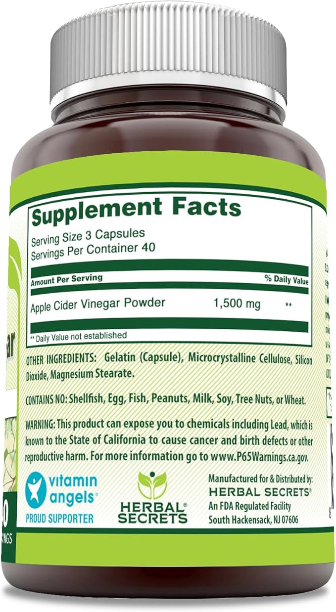 Herbal Secrets Apple Cider Vinegar Supplement | 1500 Mg Per Serving | 120 Capsules| Non-GMO | Gluten Free | Made in USA