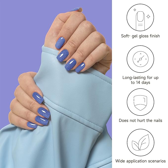 Semi Cured Gel Nail Strips, Dark Blue Sparkle | 28 pcs Gel Nail Strips Work with Any UV Lamp, Salon Quality UV Nails Stickers, Easy to Apply for Home Nails DIY