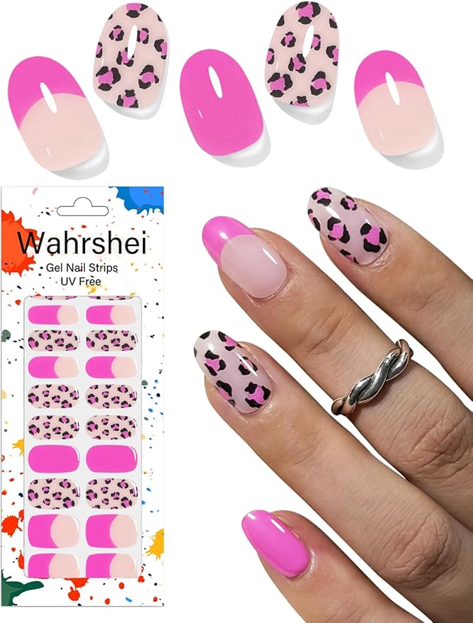 Gel Nail Strips No UV, French Leopard, UV Free, Long Lasting Gel Stickers - Contains 22 Wraps, 1 Prep Pad, 1 File