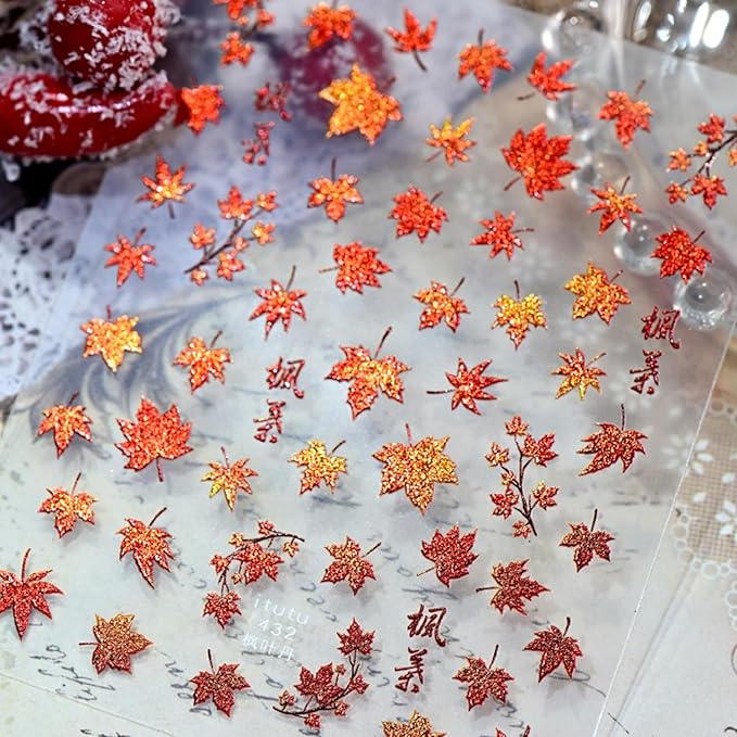 1Sheet Autumn Maple Leaves Nail Art Stickers 5D Embossed Thanksgiving Nails Decals Self Adhesive Fiery Red Maple Leaf Nail Sticker with Glitter Designs Nail Decal for Women Nails Decoration Supplies