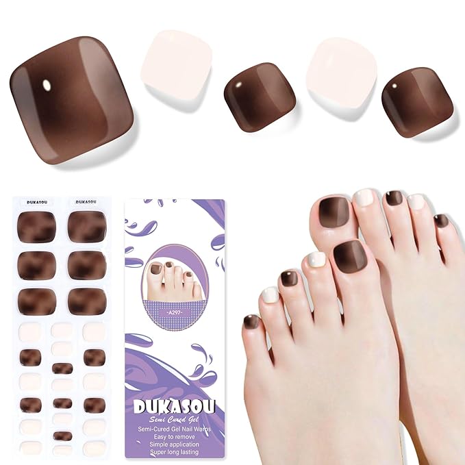 Semi Cured Gel Toe Nail Strips,26 Pcs Toe Nail Stickers Wraps for Holiday(caffee Brown),Gel Strips UV Light Required,Easy to Apply