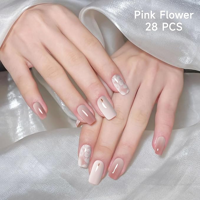 Semi Cured Gel Nail Strips | 28 pcs Gel Nails Strips Work with Any UV Lamps, Long Lasting UV Nail Stickers for Women DIY Nails Wraps(Pink Flower)