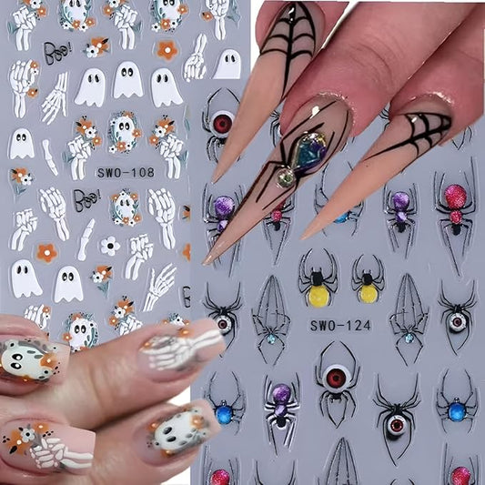 2 Sheets Halloween Nail Art Stickers Flower Nail Stickers 5D Self-Adhesive Colorful Spider Nail Decals Cute Ghost Nail Art Skeleton Nail Supplies Decoration for Women and Girls