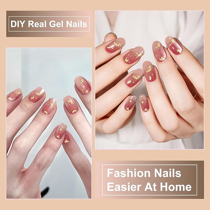 Semi Cured Gel Nail Strips,28 Pcs Gel Nail Stickers Wraps(Gilded Red),UV Stickers with UV Light/Lamp,Long Lasting,Easy to Apply