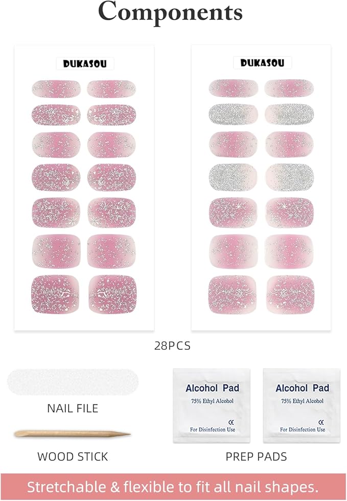 Semi Cured Gel Nail Strips, 28 pcs UV Gel Nail Stickers Full Nails Wraps for Women Home DIY Nails Art, UV Light Required(Pink Purple Rose)