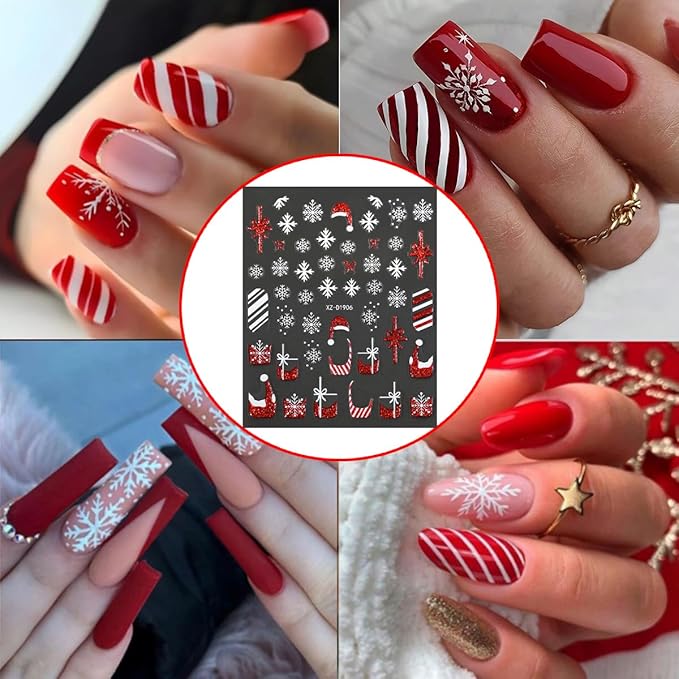 Christmas Nail Stickers - 10 Sheets 3D Nail Art Decals with Christmas Hat Snowflake Elk Red French Glitter Nail Decals Stickers - DIY Manicure Supplies for Women