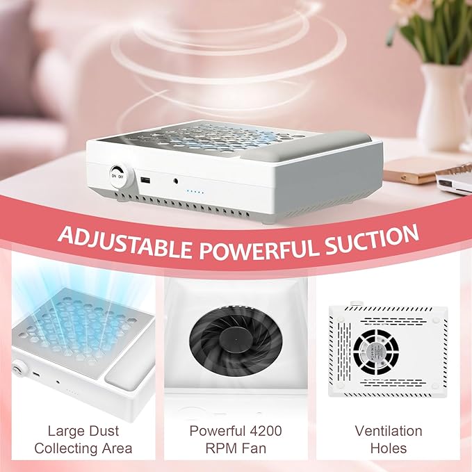 Professional Nail Dust Collector, Dust Collector Nail Tech with Reusable Filter, Powerful Vacuum Cleaner, Adjustable Speed Nails Extractor Vacuum for Acrylic Nails Polishing Manicure Salon, Low Noise