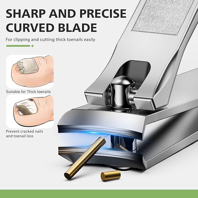 BALUCA Curved Toenail Clipper for Senior for Thick Nails, Professional Finger Nail Clipper for Women for Hard Nails, Stainless Steel Nail Cutter for Accurate Trimming and Grooming,Silver