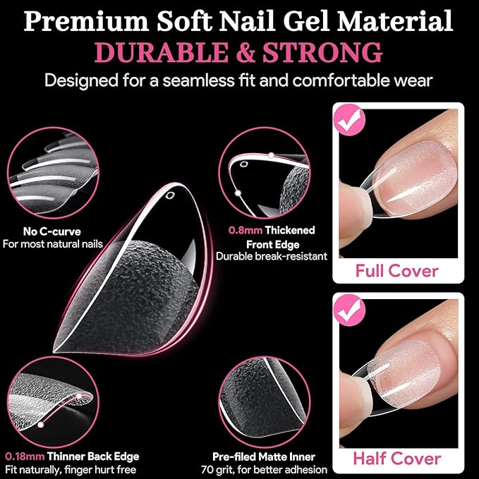 Extra Short Almond Fake Nail Tips, 15 Sizes 240 PCS Clear Half Matte Press On False Nail Tips Pre-shaped Full Cover Gel Nail Acrylic Soft Tip Extensions Thick Long Lasting for Home DIY Nail Salon
