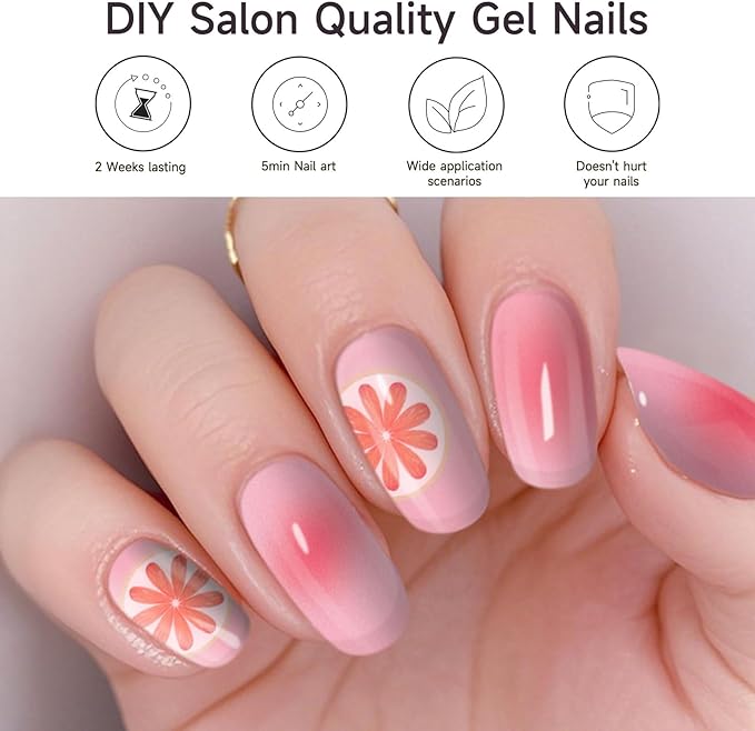 Semi Cured Gel Nails Strips, 28 pcs Gel Nail Stickers Work with Any UV Lamp, Nail Wraps for Women Girls Home DIY Nails Art (Summer Ice Orange)