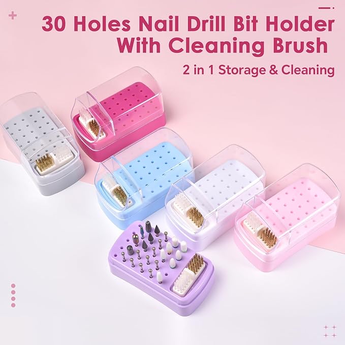2 in 1 Nail Drill Bit Holder & Nail Drill Bit Cleaner Brush Case 30 Holes Dustproof Nail Drill Bit Display Stand Organizer Box Manicure Drill Bits Cleaning Brush Bits Storage Tool, Blue