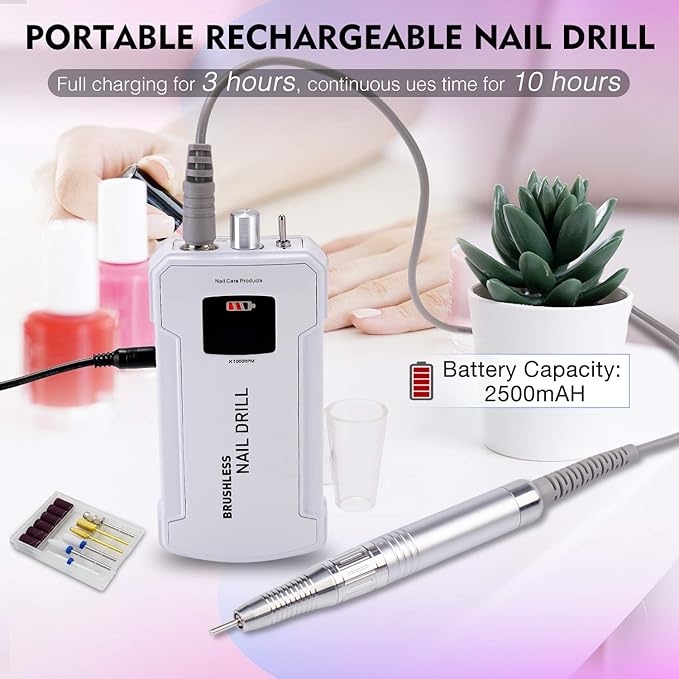 Professional Nail Drill Machine, IMENE 35,000RPM Portable Brushless Nail Drill Rechargeable E-File Nail Drills Perfect for Acrylic, Gel, Natural Nails（White）