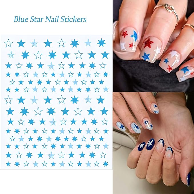 12 Sheets Star Nail Stickers Blue Red White Nail Decals Independence Day with Design Nail Decals for Nail Art 3D Self-Adhesive Nail Decoration for Women 4th of July Acrylic Nails Supplies