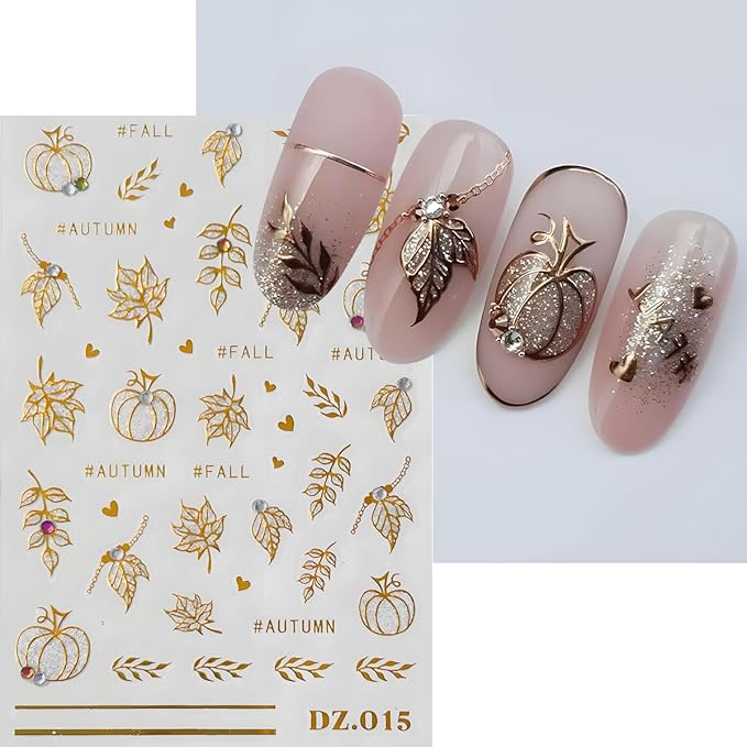 Fall Maple Leaves Nail Art Stickers, Gold Glitter Nail Decals 3D Self-Adhesive Pumpkin Fall Leavers Nails Stickers with Rhinestone Design 3Pcs Nail Art Supplies for Women Nail Decoration