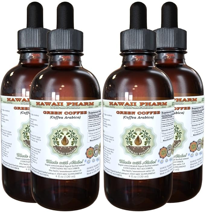 Green Coffee Alcohol-Free Liquid Extract, Green Coffee (Coffea Arabica) Dried Bean Glycerite Hawaii Pharm Natural Herbal Supplement 4x4 oz
