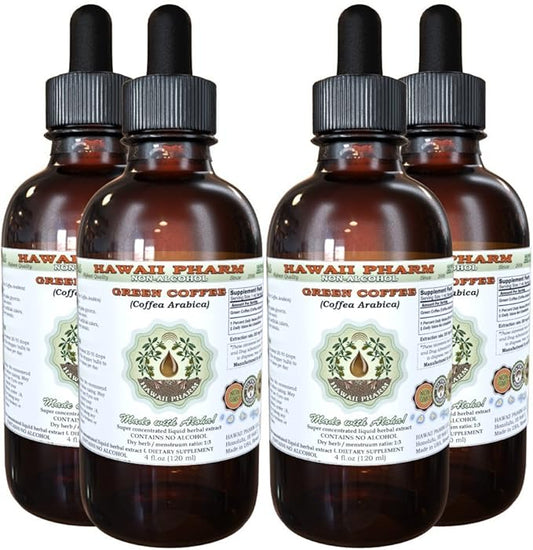 Green Coffee Alcohol-Free Liquid Extract, Green Coffee (Coffea Arabica) Dried Bean Glycerite Hawaii Pharm Natural Herbal Supplement 4x4 oz