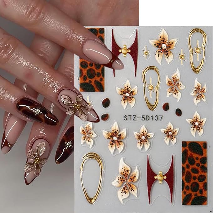 Fall Nail Stickers Flowers Nail Decals 5D Self-Adhesive Embossed Flower French Tip Design Nail Art Sticker Autumn Holiday Manicure DIY Acrylic Decoration for Women Party Nails