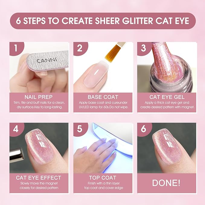 CANNI 8 Pcs 9 ML Cat Eye Gel Nail Polish Set, Jelly Pink Red Purple Glitter Holographic Cat Eye Gel Polish Kit with Magnet Shimmer Colors Soak Off Led Manicure Salon DIY Gifts
