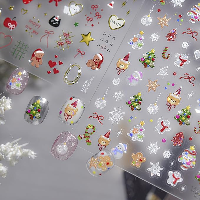 Christmas Nail Art Stickers Xmas Tree Snowman Self-Adhesive Xmas Nail Decals Nail Art Supplies 1PCS Shell Light Lantern Ball Star Gingerbread Man 5D Embossed Christmas Stickers for Nails Decoration