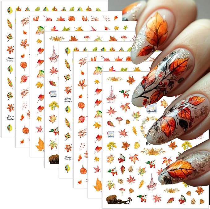 8 PCS Fall Nail Stickers for Nail Art 3D Self Adhesive Autumn Maple Leaf Design Nail Art Decals Thanksgiving Day Salon Accessories Cute Manicure Sticker for Women Holiday DIY Acrylic Nails