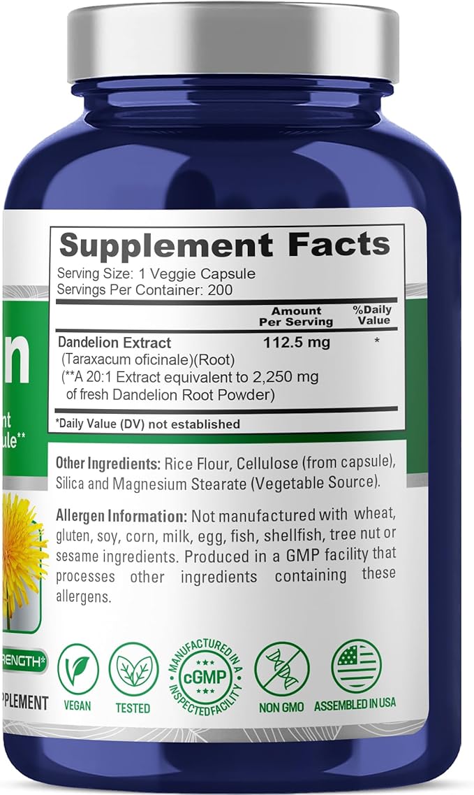 NusaPure Dandelion Root 20:1 Extract, 112.5mg Equivalent to 2,250mg 200 Veggie Capsules (Non-GMO)