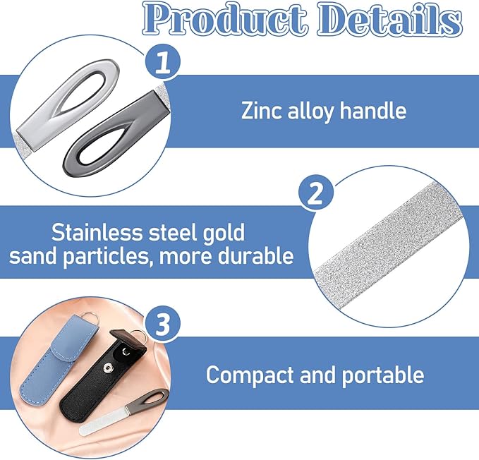 2 Pack Metal Nail File with Case, 3.6 in Travel Keychain Nail File for Natural Nails, Metal Diamond Double Sided Grit Nail Toenail Files with Leather Cases for Women Men