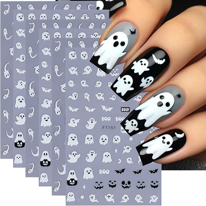 Halloween Ghost Nail Art Stickers Luminous Nail Stickers 6PCS Cute Ghost Bat Boo Halloween Nails Design 3D Self-Adhesive Nail Decals Nail Art Supplies Manicure Sliders for Women DIY Nail Decorations