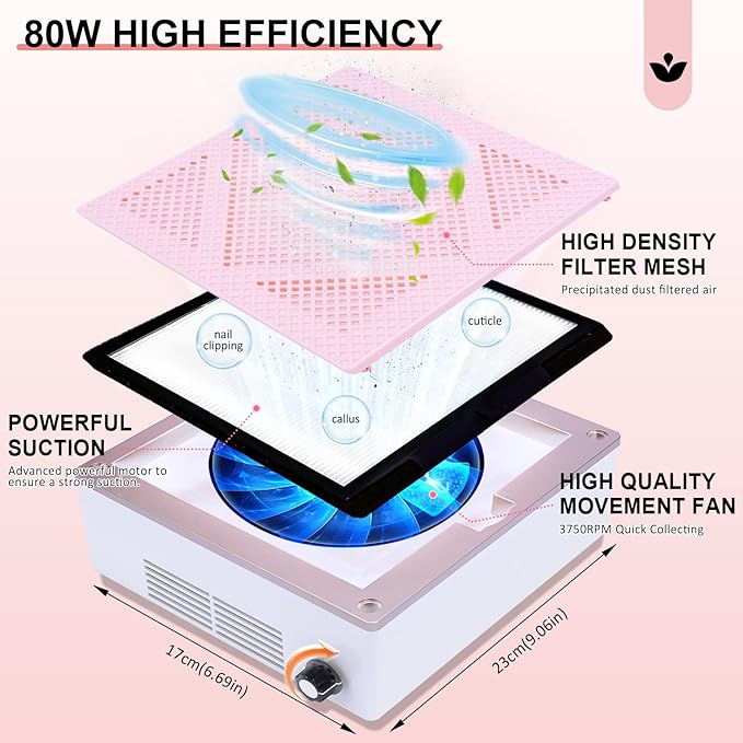 80W Nail Dust Collector Super Powerful Dust Collector Nail Tech with Reusable Filter Adjustable Nail Vacuum Dust Collector Electric Dust Suction Machine for Acrylic Gel Nail Polishing