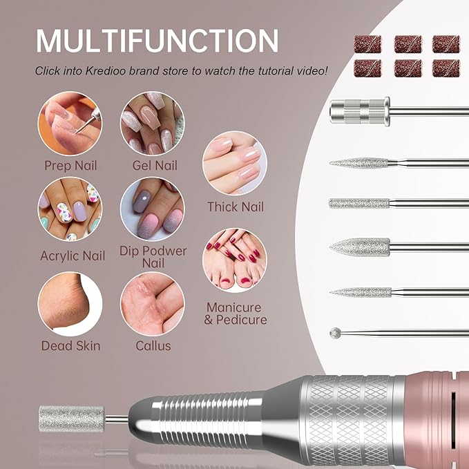 Kredioo Nail Drill, 35000RPM Nail Drills for Acrylic Nails Professional Cordless Electric File Rechargeable Portable Machine 6 Bits Dremel Tools for Women Manicure Pedicure Remove Gel Polish