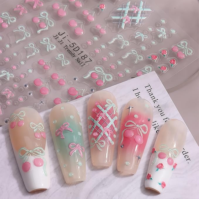 Summer Nail Stickers for Nail Art 5D Embossed Flower Butterfly Bow Heart Cherry Starfish Ocean Theme Style Design Stickers Beach Nail Decals Salon Manicure DIY Decoration Kit for Women Nails