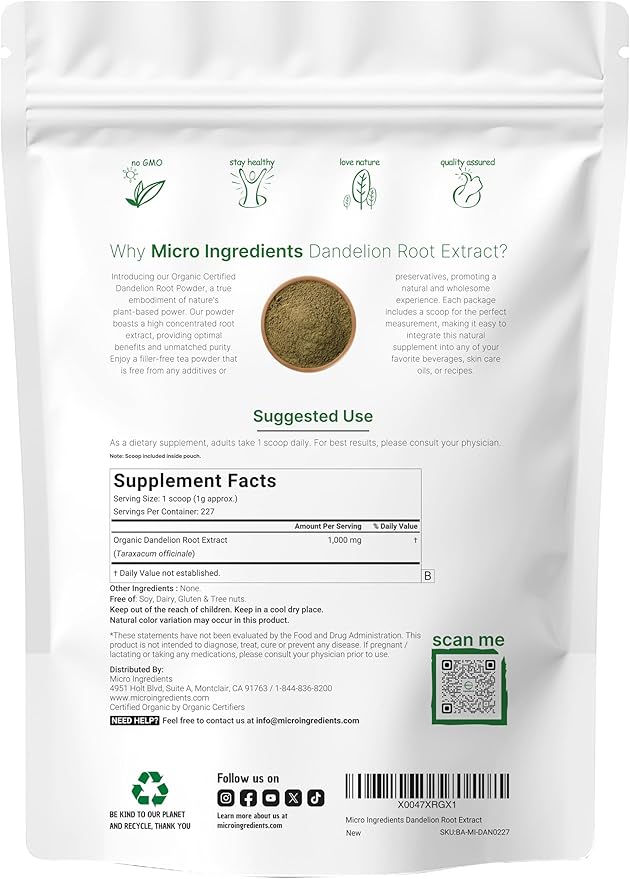 Organic Dandelion Root Tea Powder, 8oz | Up to 220 Servings | Pure Dark Roasted Dandelion Root Supplement for Tea | Herbal Extract for Digestion & Immune Support | Caffeine Free, Non-GMO