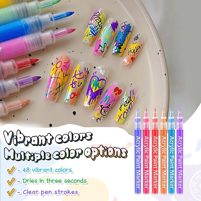 48 Colors Nail Art Pens for Painting Nails, 0.7mm Acrylic Paint Makers DIY Nail Art Markers for Kids and Adults, Quick-drying Nail Polish Pens Doodle Pens for Drawing Point Liner
