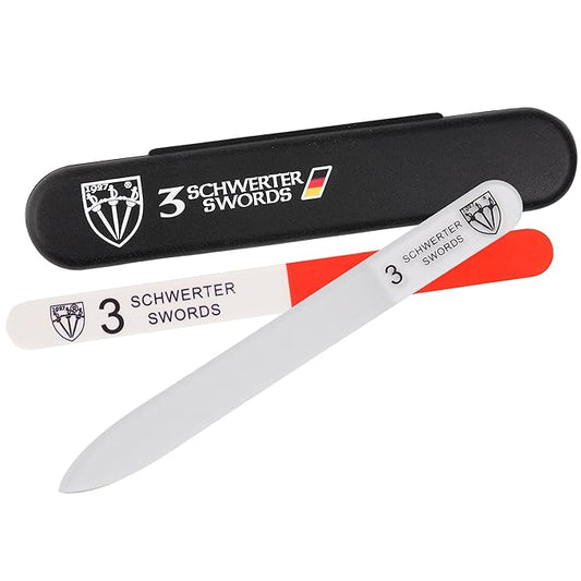 3 Swords Germany - Brand Quality Clear Double Sided Glass Nail File for Women & Girls, Perfect for Natural Fake Gel Artificial Acrylic fingernail, incl. Nail Buffer & Tube case for Travel (313)